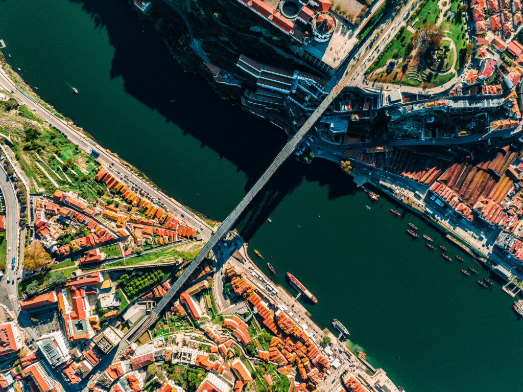 Drone view of the Porto city and Douro River in Portugal