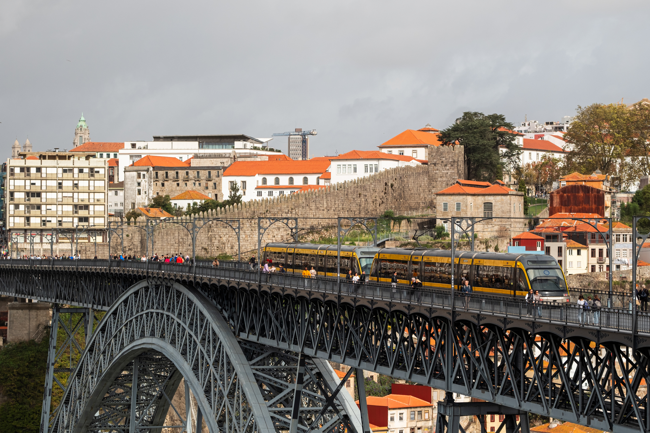 Metro train passing by Porto city, Portugal